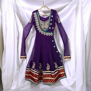 Salvar Kameez Dress ONLY‎ Purple Rhinestone Detail Long Sleeve Ethnic Party Gown